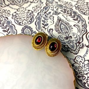 Vintage Gold Tone & Burgundy Oval Clip On Earrings